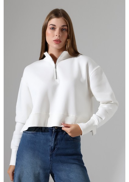 Relax Rahat Salaş Geniş Kesim Yarım Fermuarlı Dik Yaka Yanları Yırtmaçlı Pamuklu Kadın Sweatshirt 21967 Ekru