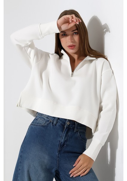 Relax Rahat Salaş Geniş Kesim Yarım Fermuarlı Dik Yaka Yanları Yırtmaçlı Pamuklu Kadın Sweatshirt 21967 Ekru fiyatları