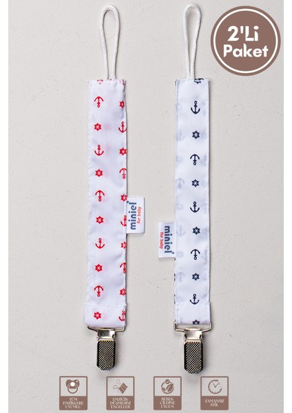 Erkek Bebek Pamuklu Kumaş Çapa Baskılı 2li Emzik Tutucu / Emzik Zinciri / Emzik Askısı Seti