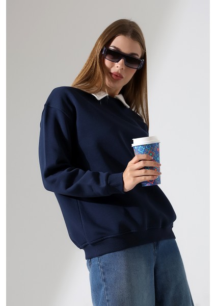 Relax Rahat Salaş Geniş Kesim Gömlek Yaka Pamuklu Kadın Sweatshirt 21985 Lacivert