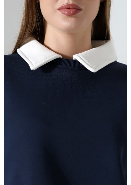 Relax Rahat Salaş Geniş Kesim Gömlek Yaka Pamuklu Kadın Sweatshirt 21985 Lacivert fiyatları