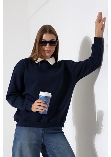 Relax Rahat Salaş Geniş Kesim Gömlek Yaka Pamuklu Kadın Sweatshirt 21985 Lacivert modelleri