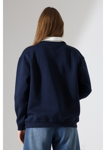 Relax Rahat Salaş Geniş Kesim Gömlek Yaka Pamuklu Kadın Sweatshirt 21985 Lacivert fırsatları