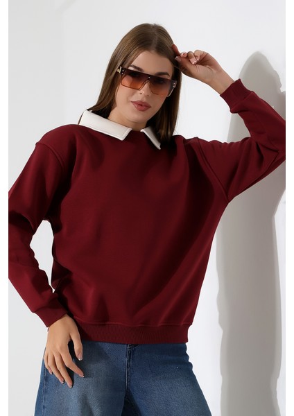 Relax Rahat Salaş Geniş Kesim Gömlek Yaka Pamuklu Kadın Sweatshirt 21985 Bordo