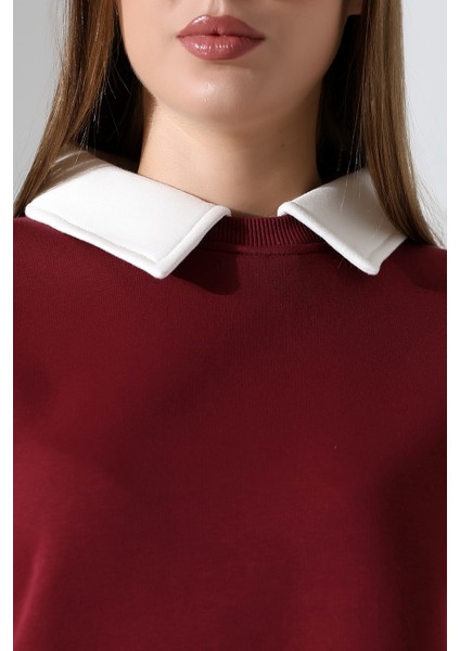 Relax Rahat Salaş Geniş Kesim Gömlek Yaka Pamuklu Kadın Sweatshirt 21985 Bordo fiyatları