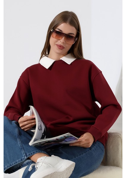 Relax Rahat Salaş Geniş Kesim Gömlek Yaka Pamuklu Kadın Sweatshirt 21985 Bordo modelleri