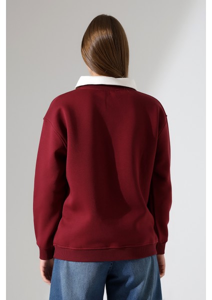 Relax Rahat Salaş Geniş Kesim Gömlek Yaka Pamuklu Kadın Sweatshirt 21985 Bordo fırsatları