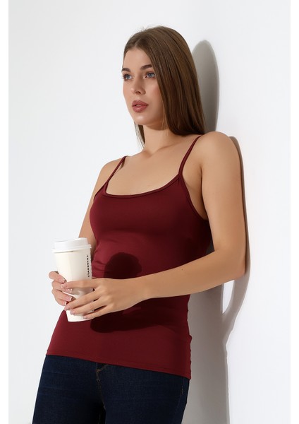 Slim Fit Dar Kesim Ince Askılı U Yaka Yumuşak Dokulu Basic Kadın Body Atlet 22001 Bordo modelleri