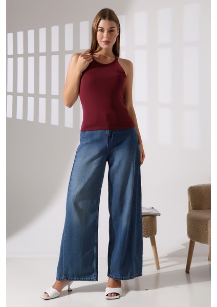 Slim Fit Dar Kesim Arkadan Askılı U Yaka Askılı Basic Body Kadın Atlet 22064 Bordo
