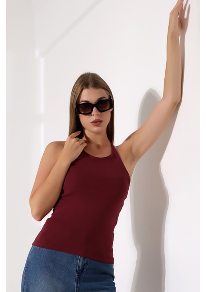 Slim Fit Dar Kesim Arkadan Askılı U Yaka Askılı Basic Body Kadın Atlet 22064 Bordo modelleri