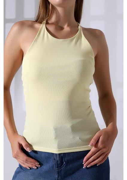 Slim Fit Dar Kesim Arkadan Askılı U Yaka Askılı Basic Body Kadın Atlet 22064 Açık Sarı fiyatları