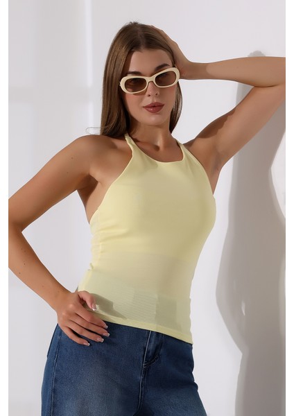 Slim Fit Dar Kesim Arkadan Askılı U Yaka Askılı Basic Body Kadın Atlet 22064 Açık Sarı modelleri