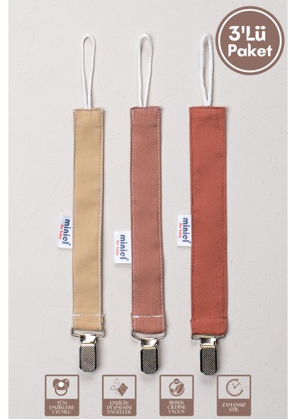 Unisex Bebek Pamuklu Kumaş Renkli 3lü Emzik Tutucu / Emzik Zinciri / Emzik Askısı Seti