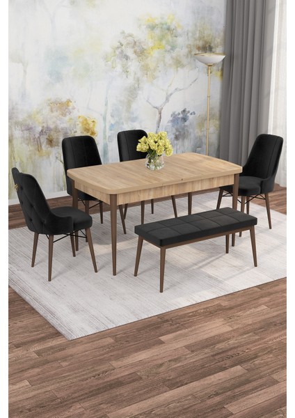 Mona Meşe Desen 80X132 Açılabilir Mdf Masa Yemek Odası Takımı, Mutfak Takımı 4 Adet Sandalye