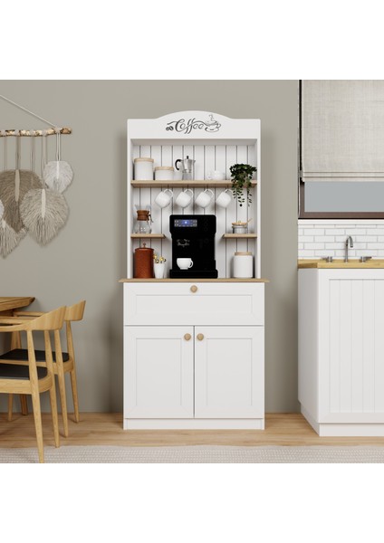 Lucas 2 Kapaklı Çekmeceli Kahve Köşesi ve Çok Amaçlı Mutfak Dolabı - Açık Ceviz & Beyaz