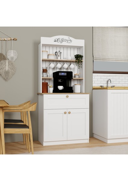 Lucas 2 Kapaklı Çekmeceli Kahve Köşesi ve Çok Amaçlı Mutfak Dolabı - Açık Ceviz & Beyaz modelleri