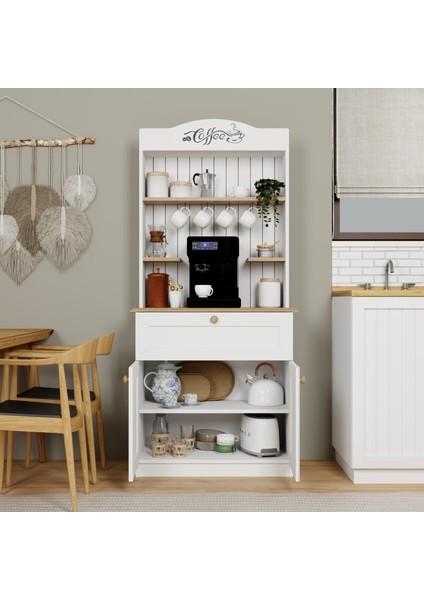 Lucas 2 Kapaklı Çekmeceli Kahve Köşesi ve Çok Amaçlı Mutfak Dolabı - Açık Ceviz & Beyaz fırsatları