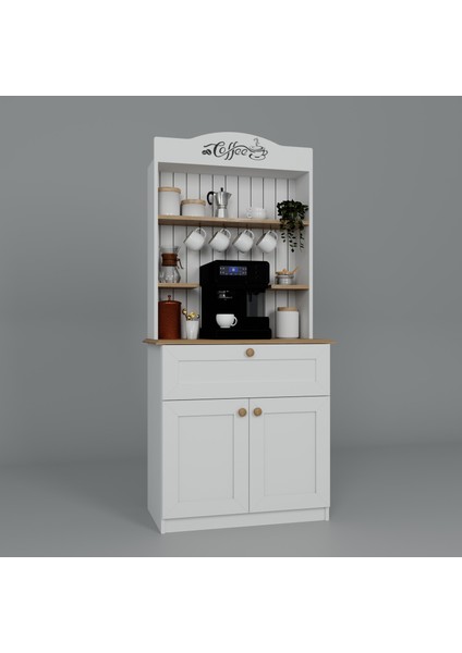 Lucas 2 Kapaklı Çekmeceli Kahve Köşesi ve Çok Amaçlı Mutfak Dolabı - Açık Ceviz & Beyaz indirimleri