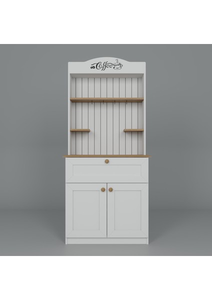 Lucas 2 Kapaklı Çekmeceli Kahve Köşesi ve Çok Amaçlı Mutfak Dolabı - Açık Ceviz & Beyaz