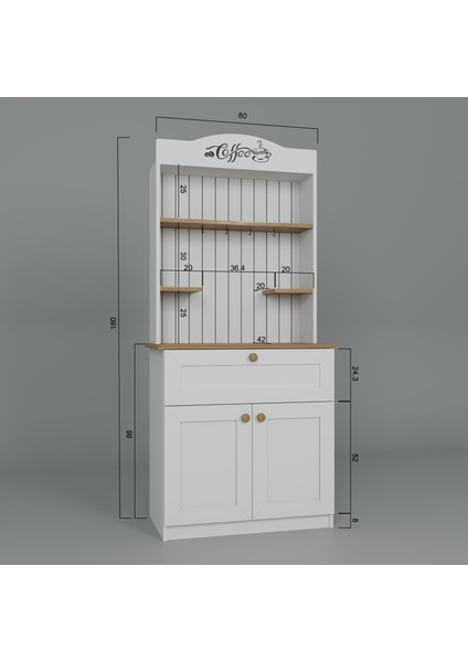 Lucas 2 Kapaklı Çekmeceli Kahve Köşesi ve Çok Amaçlı Mutfak Dolabı - Açık Ceviz & Beyaz