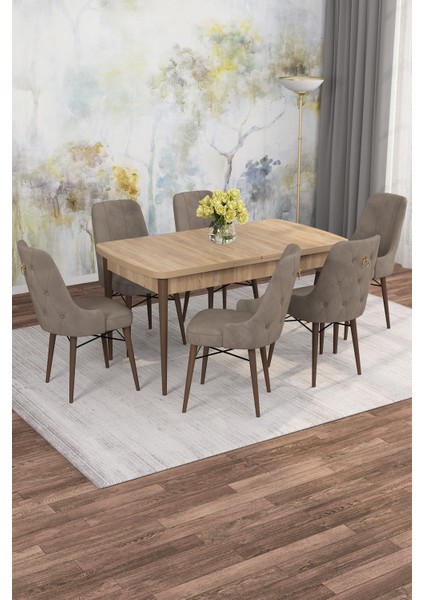 Mona Meşe Desen 80X132 Açılabilir Mdf Masa Yemek Odası Takımı, Mutfak Takımı 6 Adet Sandalye