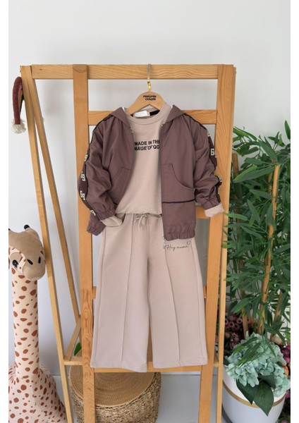 Kapüşonlu Kol Taş Işleme Detaylı Kız Çocuk 3 Lü eşofman takım - Kahve