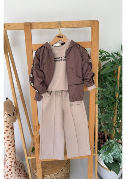 Kapüşonlu Kol Taş Işleme Detaylı Kız Çocuk 3 Lü eşofman takım - Kahve fiyatları