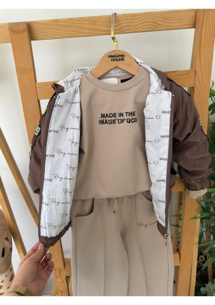Kapüşonlu Kol Taş Işleme Detaylı Kız Çocuk 3 Lü eşofman takım - Kahve modelleri