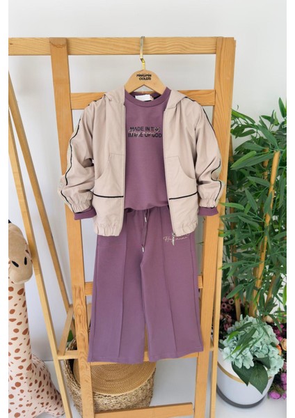 Kapüşonlu Kol Taş Işleme Detaylı Kız Çocuk 3 Lü eşofman takım - Bej