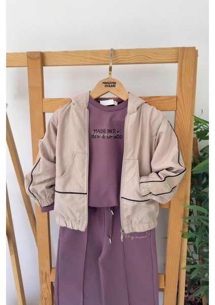 Kapüşonlu Kol Taş Işleme Detaylı Kız Çocuk 3 Lü eşofman takım - Bej fiyatları