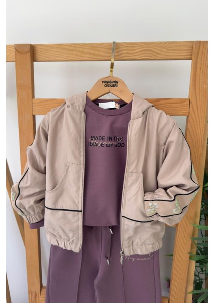 Kapüşonlu Kol Taş Işleme Detaylı Kız Çocuk 3 Lü eşofman takım - Bej modelleri