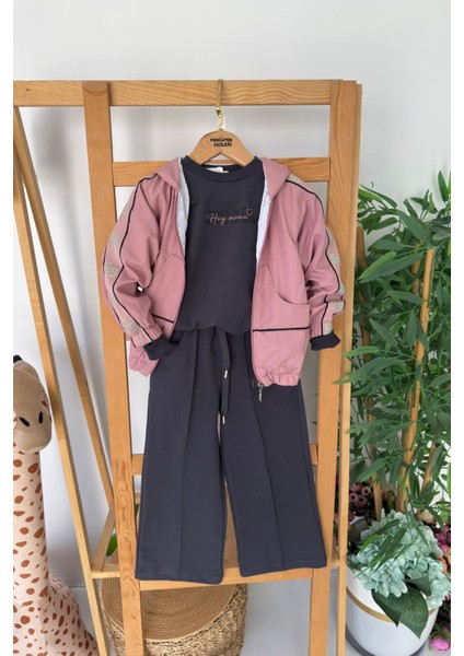 Kapüşonlu Kol Taş Işleme Detaylı Kız Çocuk 3 Lü eşofman takım - Pembe