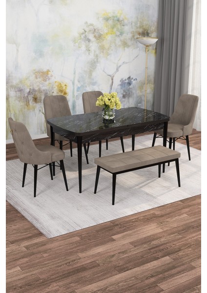 Mona Siyah Mermer 80X132 Açılabilir Mdf Masa Yemek Odası Takımı, Mutfak Takımı 4 Adet Sandalye, 1 Bench