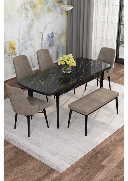 Mona Siyah Mermer 80X132 Açılabilir Mdf Masa Yemek Odası Takımı, Mutfak Takımı 4 Adet Sandalye, 1 Bench fiyatları