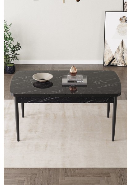 Mona Siyah Mermer 80X132 Açılabilir Mdf Masa Yemek Odası Takımı, Mutfak Takımı 4 Adet Sandalye, 1 Bench indirimleri