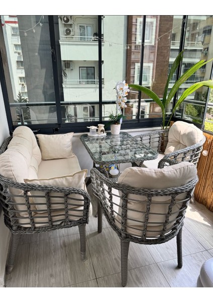 Kartepe 2 1 1 Rattan Bahçe Balkon Takımı,GRİ RATTAN/KREM KUMAŞ