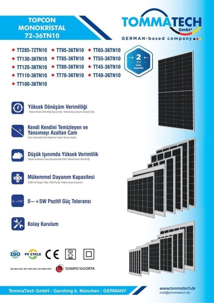 Teknovasyon Arge Suneng 285WP 72TN Topcon Güneş Paneli fiyatları