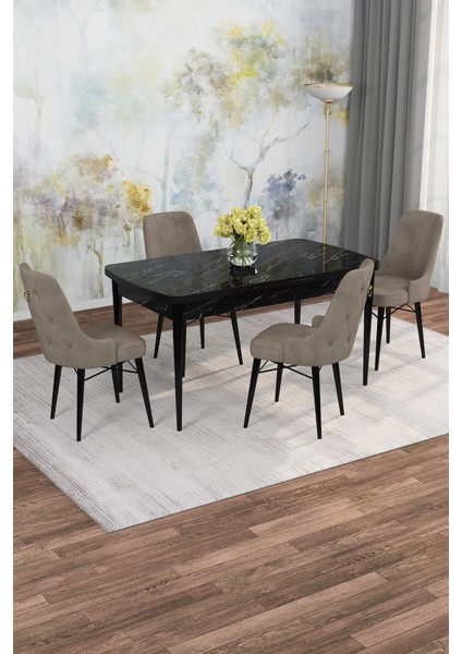 Mona Siyah Mermer 80X132 Açılabilir Mdf Masa Yemek Odası Takımı, Mutfak Takımı 4 Adet Sandalye