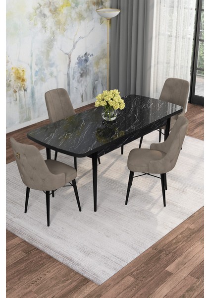 Mona Siyah Mermer 80X132 Açılabilir Mdf Masa Yemek Odası Takımı, Mutfak Takımı 4 Adet Sandalye fiyatları