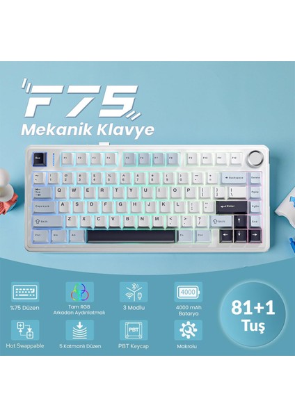 F75 Mekanik Rgb Tkl Ice Vein Switch Kablosuz Makrolu Hot Swap Klavye Lacivert modelleri