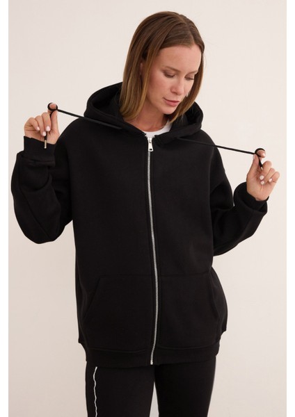 Basic Fermuarlı Kapüşonlu Oversize Sweatshirt