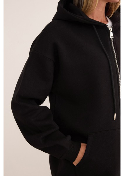 Basic Fermuarlı Kapüşonlu Oversize Sweatshirt indirimleri