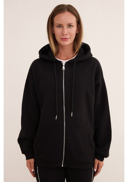 Basic Fermuarlı Kapüşonlu Oversize Sweatshirt