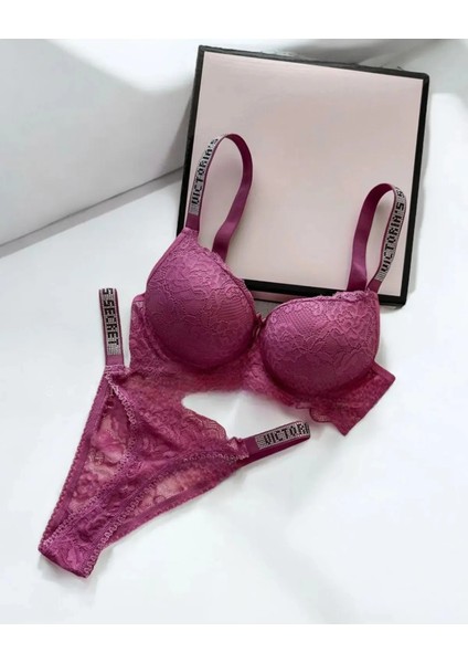Kadın Gül Kurusu Dantelli Taşlı Balenli Destekli Dolgulu Push Up Sütyen Takımı Iç Çamaşırı Takımı
