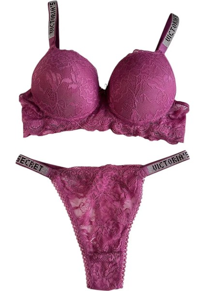 Kadın Gül Kurusu Dantelli Taşlı Balenli Destekli Dolgulu Push Up Sütyen Takımı Iç Çamaşırı Takımı fiyatları