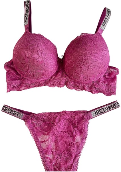 Kadın Gül Kurusu Dantelli Taşlı Balenli Destekli Dolgulu Push Up Sütyen Takımı Iç Çamaşırı Takımı modelleri