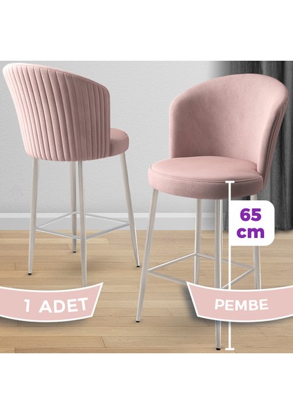 Alte Serisi 1 Adet Pembe Babyface Kumaş 65 cm Krom Kaplama Ayaklı Bar Sandalyesi