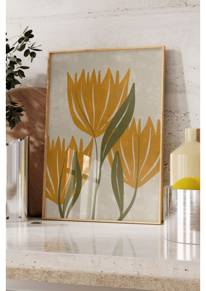 Ahşap Çerçeveli Tablo, Sarı Minimalist Çiçek Illüstrasyonu, Mutfak Dekoru Poster No: 107952 fırsatları