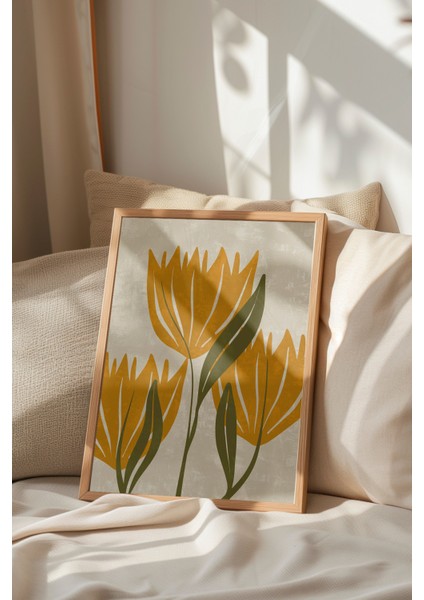 Ahşap Çerçeveli Tablo, Sarı Minimalist Çiçek Illüstrasyonu, Mutfak Dekoru Poster No: 107952 indirimleri