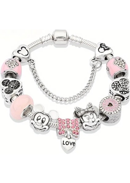 Pandora Tarz , Mickey ve Minnie Pembe Charmlı Bileklik, Ahşap Kutu Içerisinde